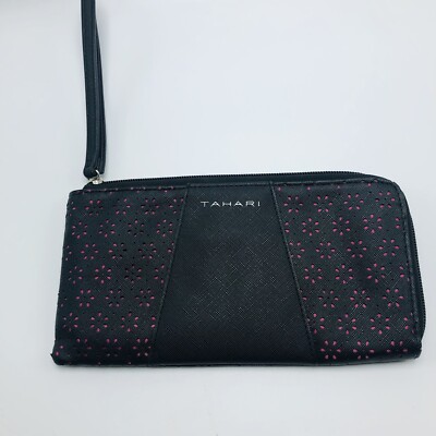Tahari Womens Black Pink Wallet Clutch Pocket Organizer Zip Closure  Wristlet (D1