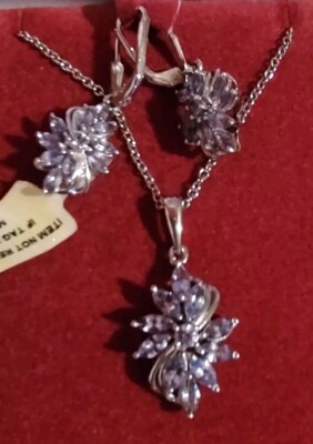 Elegantes Tansanit Halskette und Ohrringe Set 925 Sterling Silber Floral Burst Neu mit Etikett