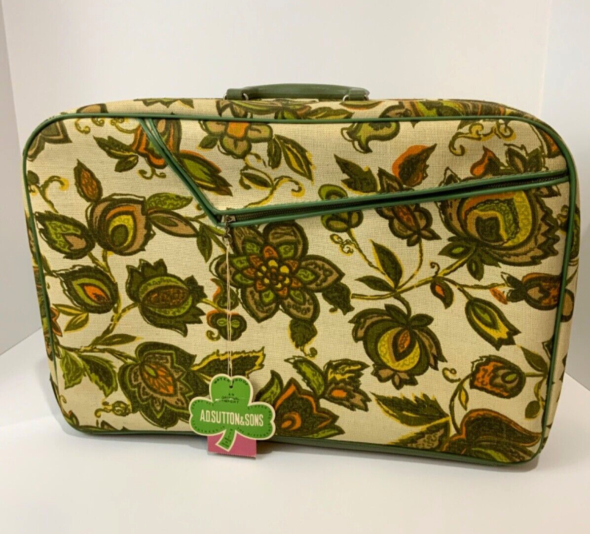 Suitcase retro green floral new, flight tote made in Japan-image