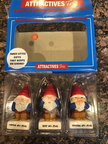 NEW Attractives Trio Magnetic Garden Gnome Salt Pepper shakers~Toothpick Holder - Picture 2 of 8