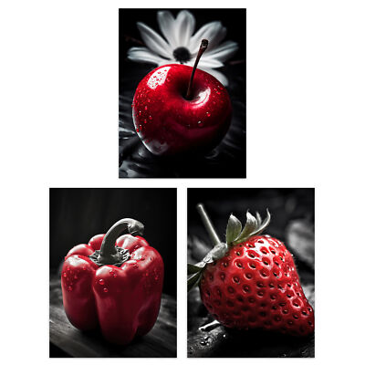 Red Apple Pepper Strawberry on Black White Kitchen Artwork A4 Poster 3 Pack