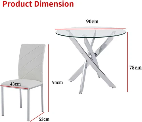 4 Seater Round Glass Dining Table and 4 Padded Chairs Set White Home Furniture - Picture 19 of 21