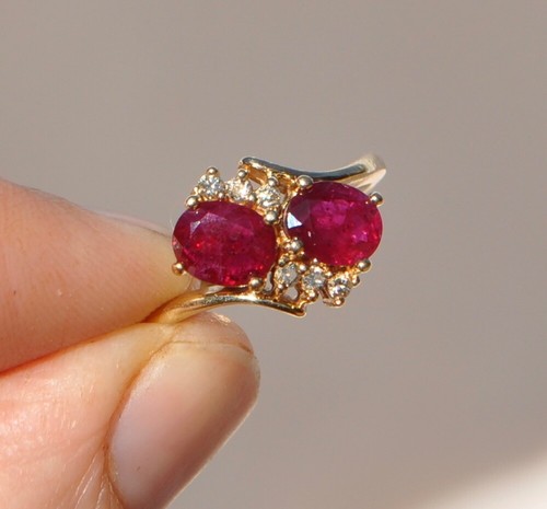 Vtg 14k Solid Gold Natural Ruby & Diamond Ring Bypass Cluster Two Stone Red Gem - Picture 3 of 12