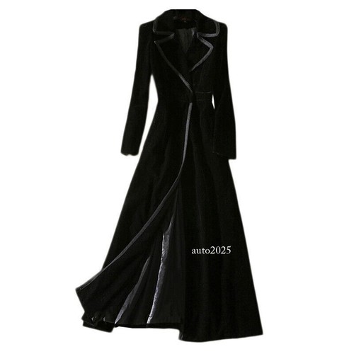 Womens Black Velvet Overcoat Suit Lapel Collar Coats Trench Slim Maxi Outwear Sz - Picture 15 of 28