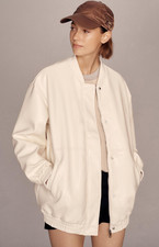 Maeve Oversized Faux Leather Bomber Jacket Full Zip Snap Ivory Women's Size Xxs