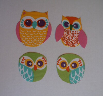 Cotton Fabric Owls Purple Eyes 4 Hand Cut Appliques - EZSteam Iron On Then Sew
