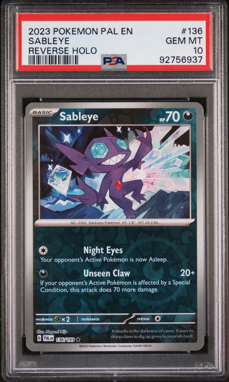 2023 Pokemon Pal EN-Paldea Evolved #136 Sableye Reverse Holo PSA 10