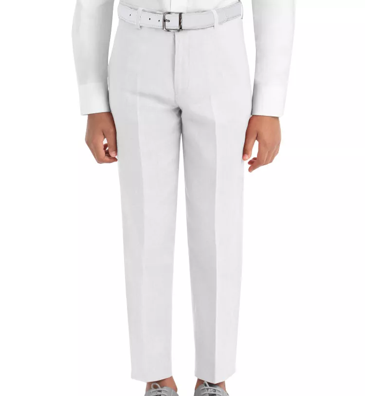 Boy's White Elegant Dress Pants Belted Junior Kids Flat Front Slim Fit  Slacks