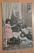 Christmas Tinted Photo RPPC Postcard With Children Scrapbook Album Doll Tree