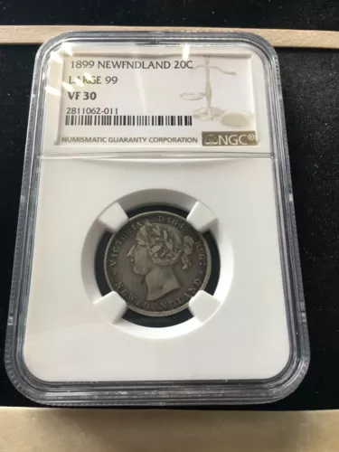 1899  Large 9's  NGC Graded Newfoundland, Silver ¢20 Cent, **VF-30** #011