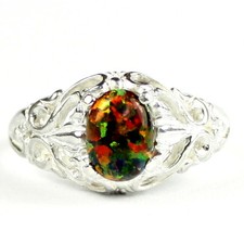 Created Black Opal, 925 Sterling Silver Ladies Ring, SR113