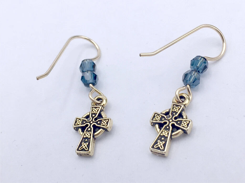 Pendientes Colgantes Pequeña Cruz Celta Estaño Tono Dorado y 14k GF - Denim Cristal Azul Foto 2 de 2