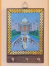 Gemstone Taj Mahal Painting Wood Key Wall Holder with Three Hooks from India