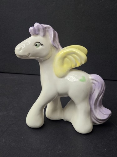 Vintage Ceramic Pegasus Figurine - White with Purple Mane & Yellow Wings 4"