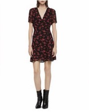 AllSaints Luca Eira Floral Mini Dress Black Red V-Neck Sheer Sleeve Sz 8