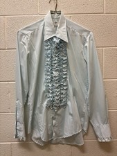 Vintage 70s After Six Men's Blue Ruffle Front Dress Shirt Long Sleeve Size M4