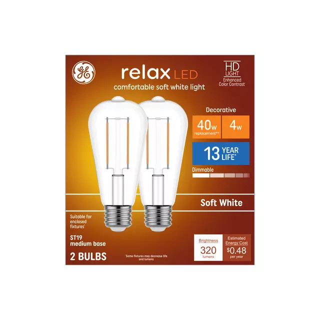 GE Relax HD ST19 LED Light Bulbs, Edison Style Bulbs, 40 Watt 2 Bulbs Soft White