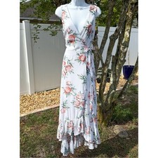 Miami Floral Wrap Midi Dress White Pink Sleeveless Medium