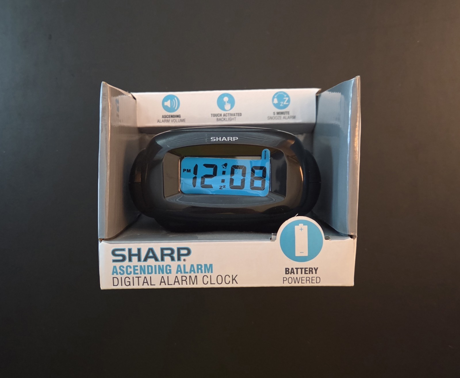 SHARP ASCENDING LCD DIGITAL TRAVEL ALARM CLOCK, Compact & Portable • Black • NEW