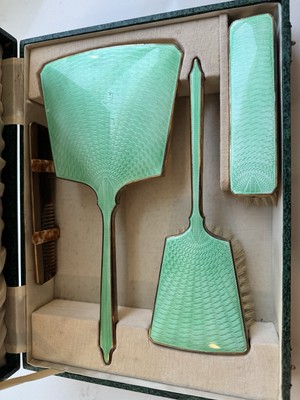 Art Deco Vanity Green Guilloche Enamel Hairbrush Brush Comb Mirror Set