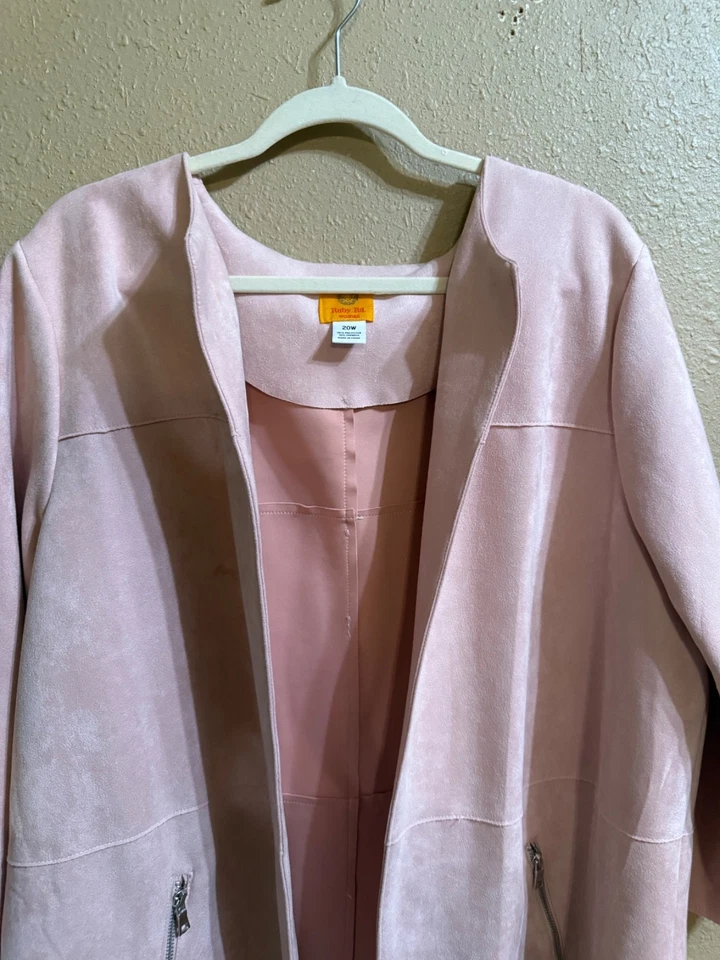 RUBY RD FAUX SUEDE LEATHER OPEN FRONT JACKET SZ 20W BLUSH PINK 3/4 SLVS STRETCH - Image 2 of 4