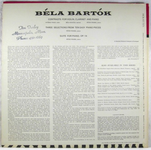 DOVER Bartok PAUK KOVACS FRANKL Contrasts Violin Clarinet Piano HCR-ST-7275 EX+ - Picture 3 of 3
