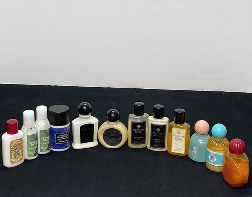 Mixed lot of 12 travel-size toiletries (lotions, shampoo, conditioner, etc.).