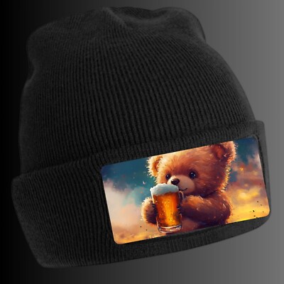 Black Cool Bear Beer Print Beanie Hat - Unisex Cap, Cotton