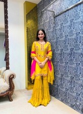 Fancy Designer Yellow Chinon Silk Kurta Palazzo With Dupatta For Festival