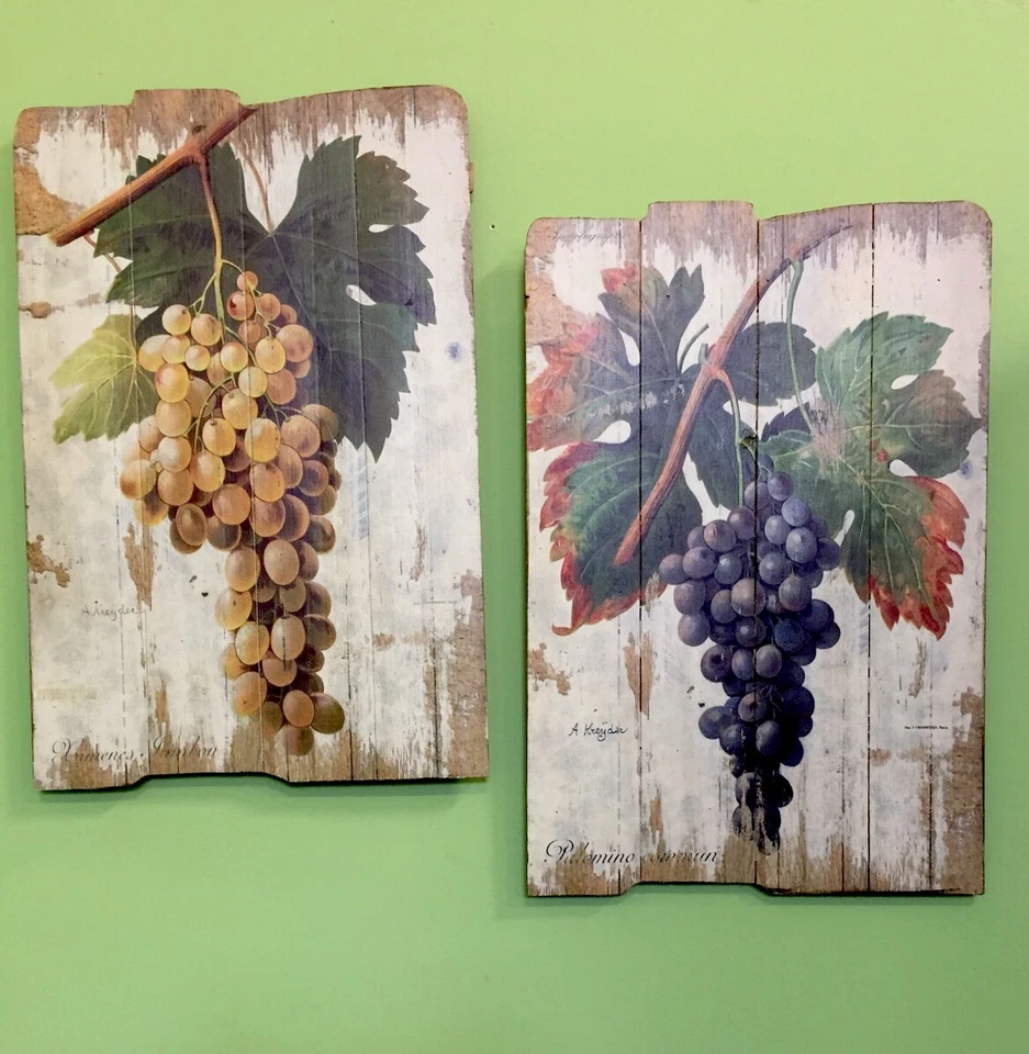 DECORACIÓN DE PARED DE MADERA UVAS 2 PIEZAS ~ PLACAS DE MADERA VIÑEDO ~ BISTRÓ FRANCÉS / ITALIANO Foto 2 de 2