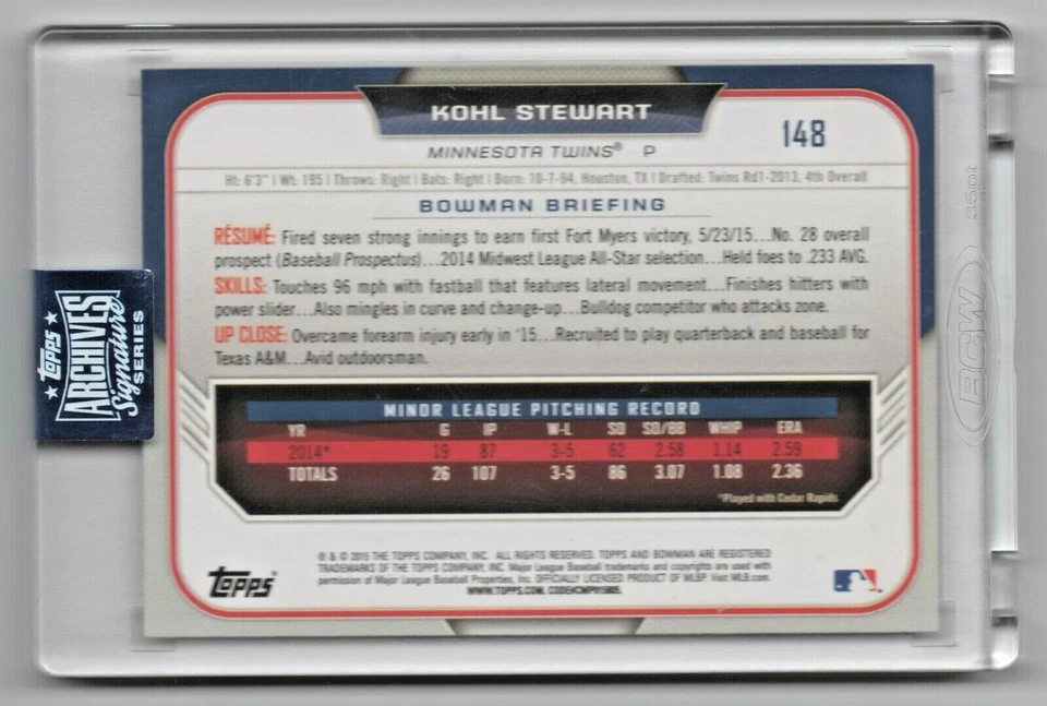 Topps Archives Signature Series 2020 Kohl Stewart Minnesota Twins Pitcher 18/24 Foto 2 de 2