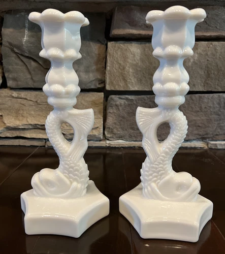Vintage Pair Westmoreland Milk Glass 9” KOI FISH Candlesticks Candle Holders