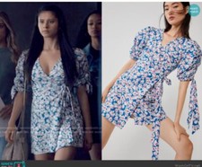 Zara Floral Puff Sleeve Mini Wrap Dress M Blue Cotton V Neck Short Sleeve New