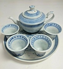 Rice Eyes Miniature Tea Set Dragon Blue White 7 Piece Set Teapot Tray Cups China