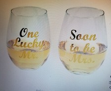 Wine Glass Engagement Set Lucky Mr. and Soon To Be Mrs. Clear Stemless 15 oz.