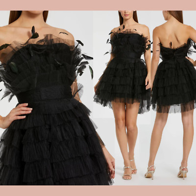 NEW $798 Mac Duggal [ 8 ] 20529 Feathered Strapless Tulle Fit Flare Dress J927