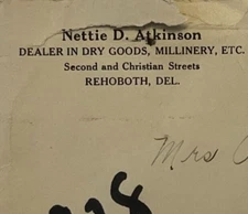 Rehoboth Delaware Postal Cover NETTIE ATKINSON Felton Delaware Waldman 1928