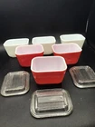 6 Pyrex 501-b Opal/White and Red Refrigerator Dishes and 3 501-c Lids
