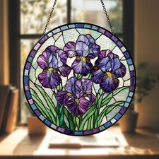 Purple Iris Stained Glass Suncatcher, Floral Window Hanging Spring Decor