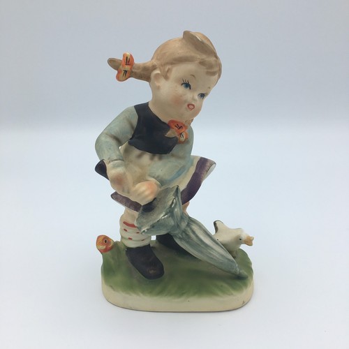 Vintage kleines Mädchen mit Zöpfen Ente und Regenschirm Figur Made in Japan - Bild 1 von 6