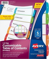 Avery 5 Tab Dividers for 3 Ring Binders, Customizable Table of Contents Set of 1