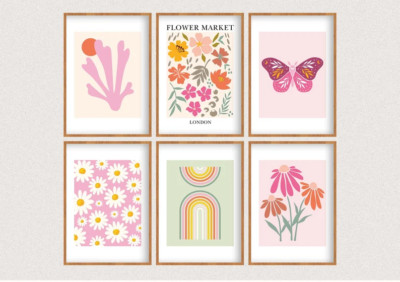 Set of 6 Pink Gallery Wall Set, Floral & Butterfly Art Print, Home ...