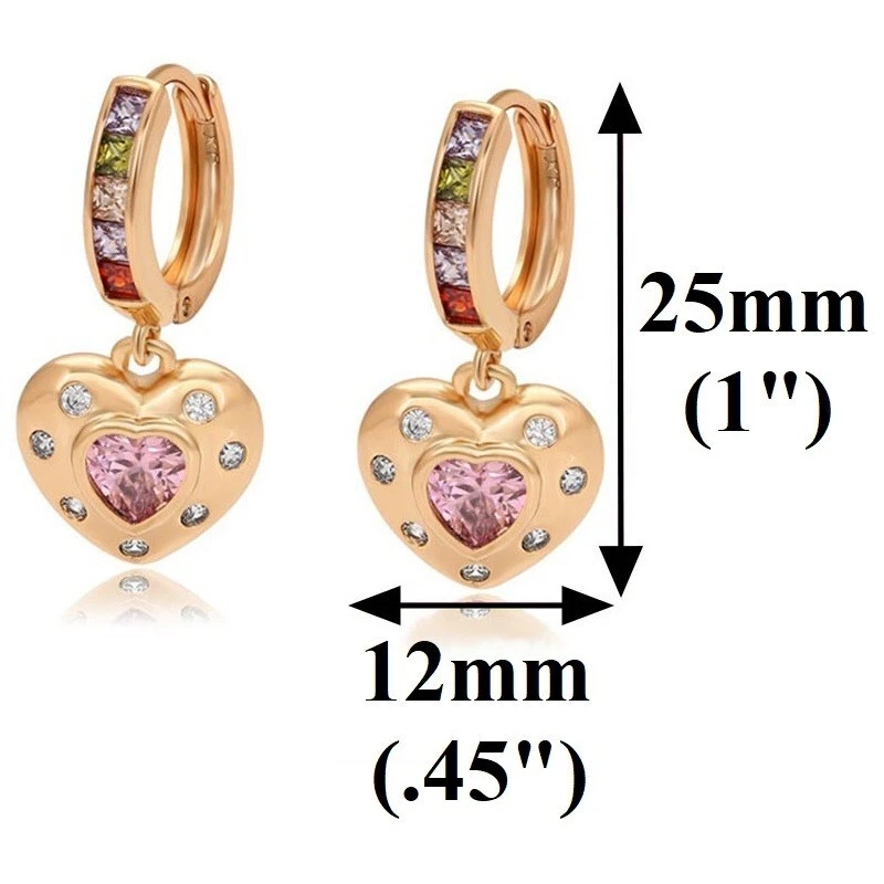 Pendientes de corazón de turmalina rosa de 25 mm de oro de 14 k sobre plata de ley 925 D386 Foto 2 de 4