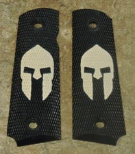 1911 Grips - SPARTAN HELMET - BLACK/TAN - .45, AMBI CUT, FULL SIZE, CUSTOM