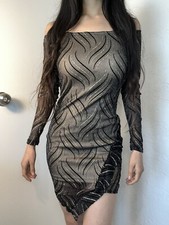 SALE 3 DRESSES Black & Gold Shimmer Mini Dress Off The Shoulder Bodycon Sz Small