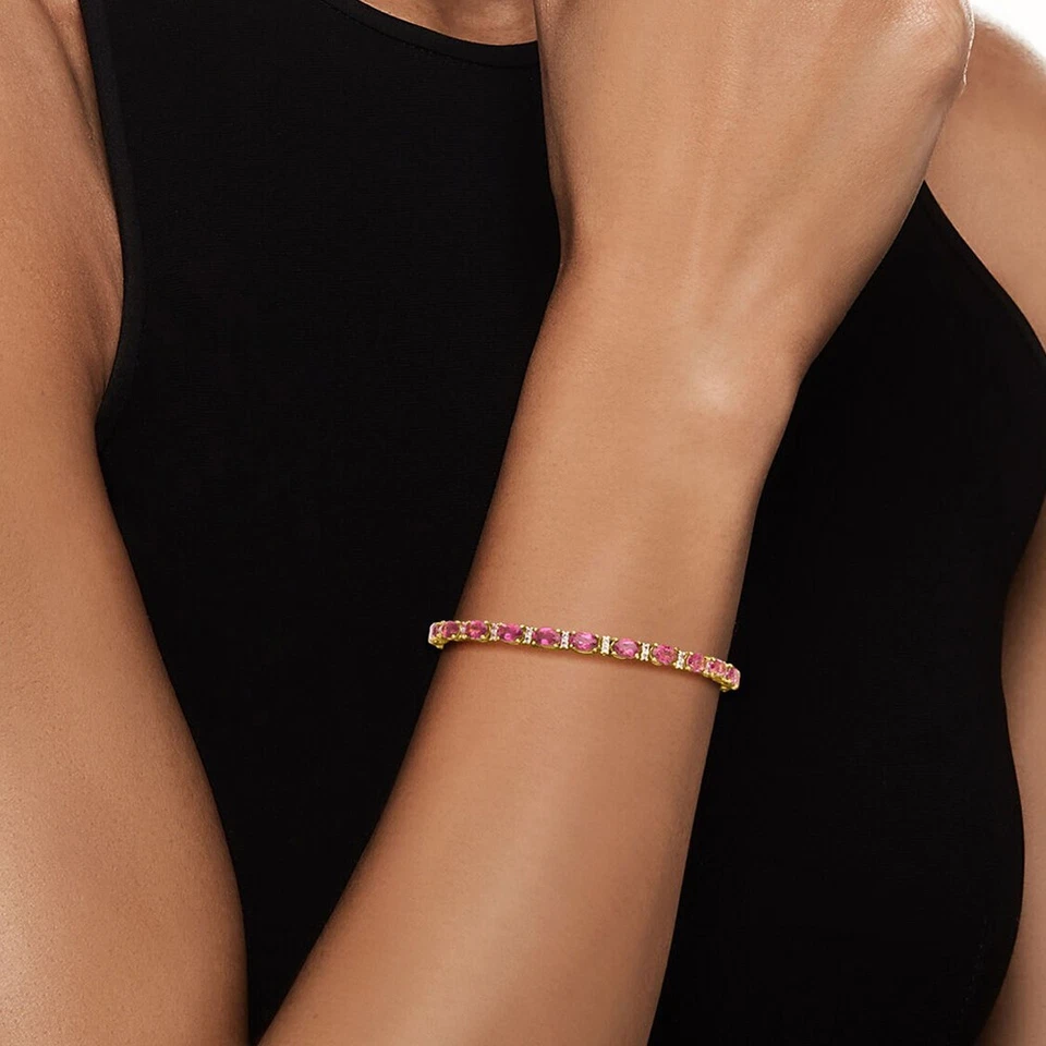 Pulseira feminina de tênis folheada a ouro amarelo 14K corte oval 11 quilates safira e diamante - Imagem 2 de 3