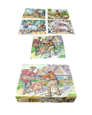 Vintage Fairy Tale Wooden Cube 20 Piece Cubes 6 in 1 Puzzle w 5 Picture Guides