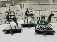3 Silver Tone Chrome Stocking Hangers Red Enamel Accent Deer & Sleigh Christmas