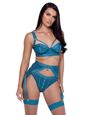 Roma Confidential Studs Kisses Gartered Bra Set Teal Size L