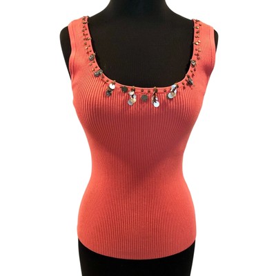 Cache Rib Knit Charm Embellished Hearts Keys Stretch Top New Size XS/S $88 NWT